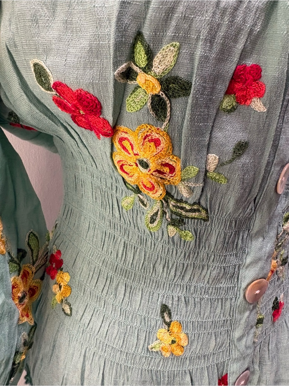 Fig and Flower Aqua Floral Embroidered Button Front Maxi Dress Boho L - Picture 6 of 10